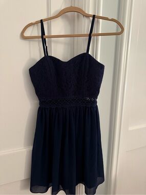 Lace-Bodice Navy Mini Dress with Spaghetti Straps